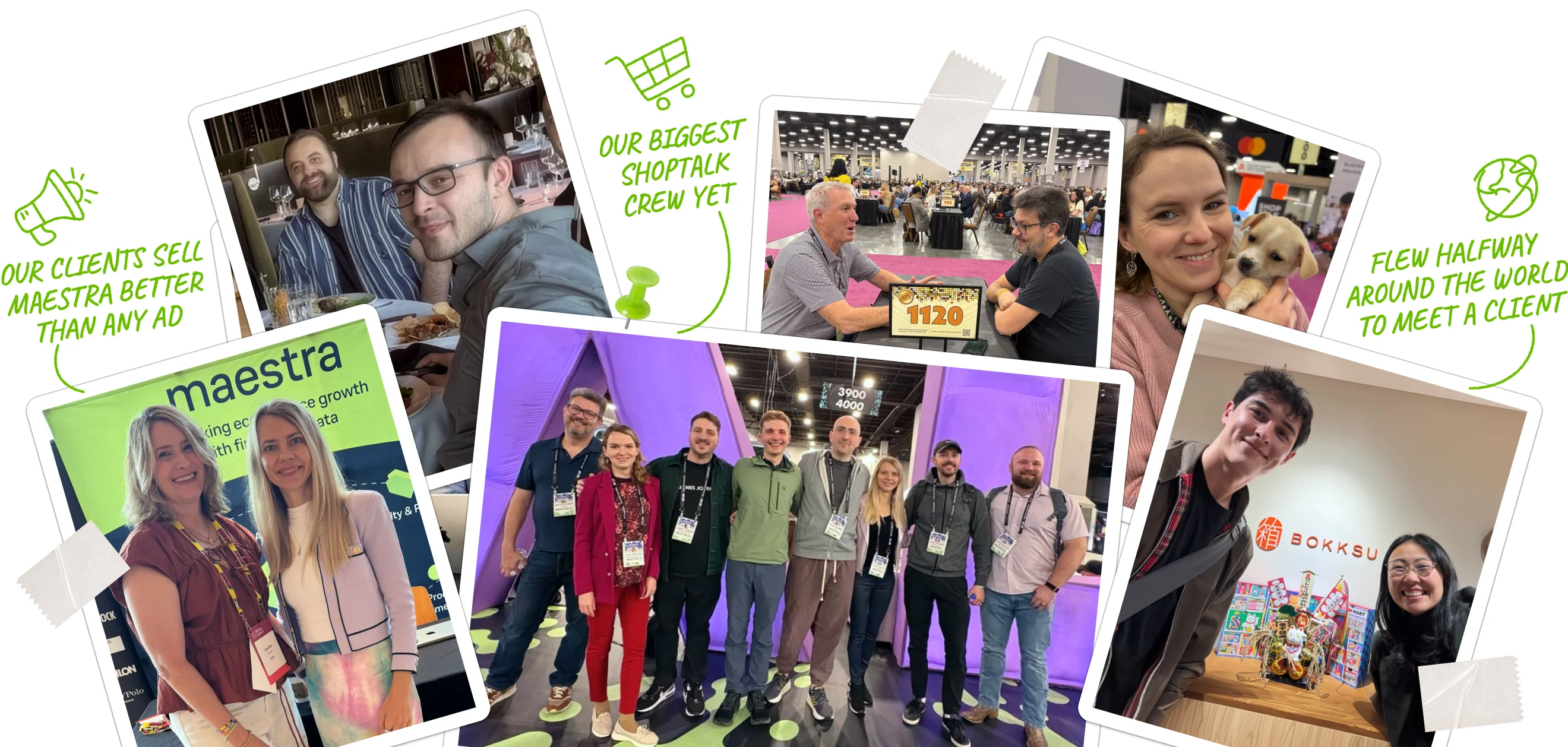 Maestra team at conferences and client meetings: the Shoptalk booth, a stage talk, dinners with clients