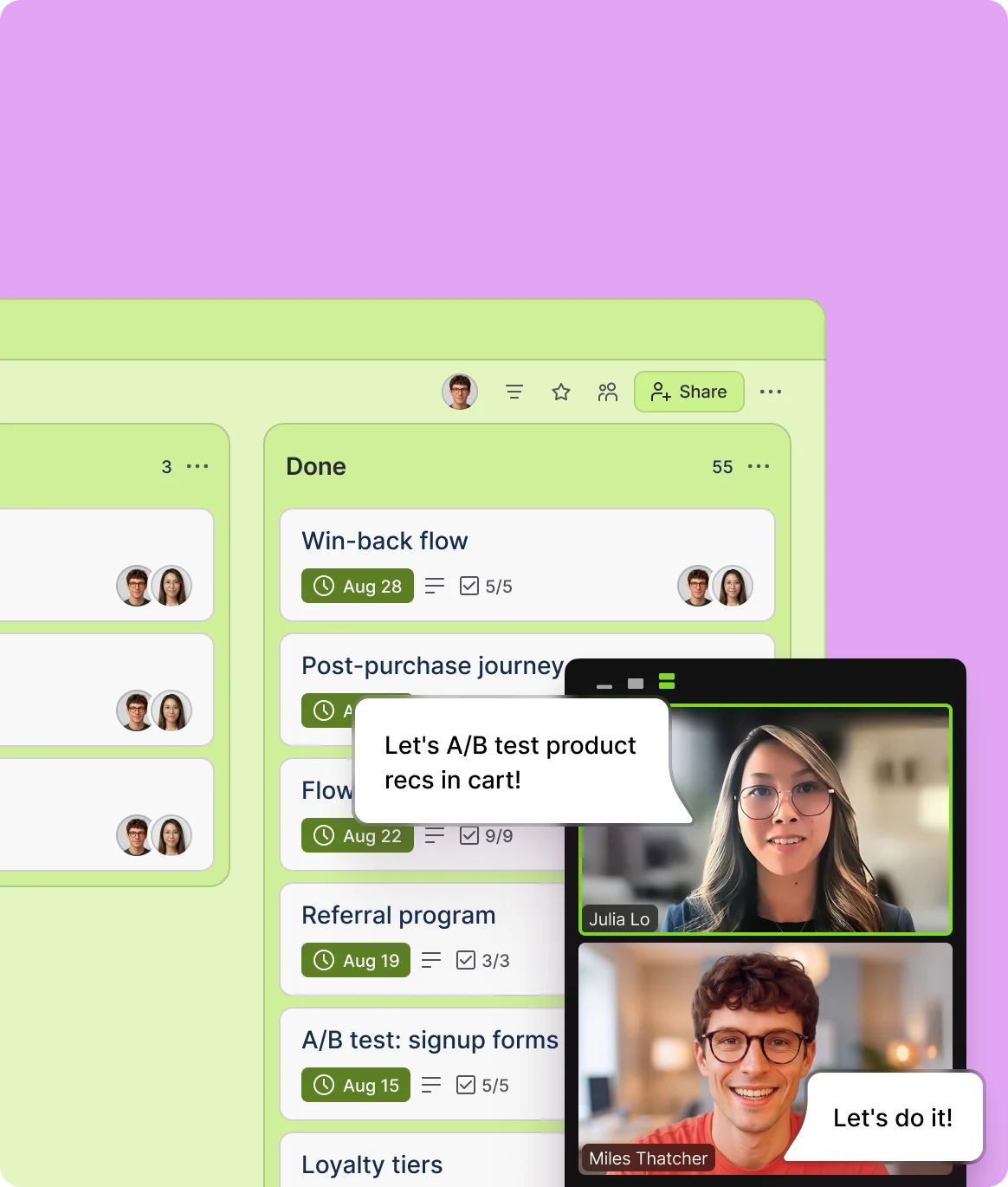 The same board with everything in Done and a Zoom call: let's A/B test product recs in cart — let's do it!