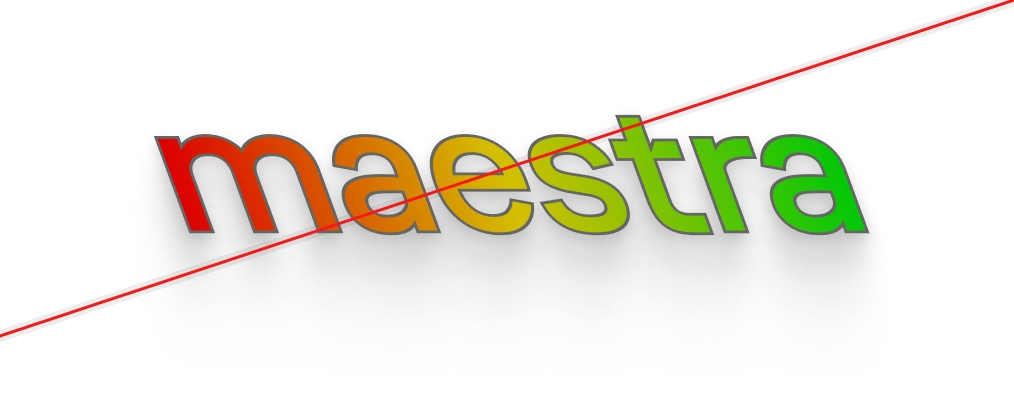 The Maestra logo recoloured with a gradient, given a shadow and an outline, crossed out in red