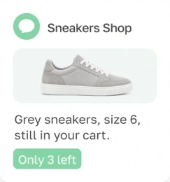 Text: grey sneakers, size 6, still in your cart, only 3 left
