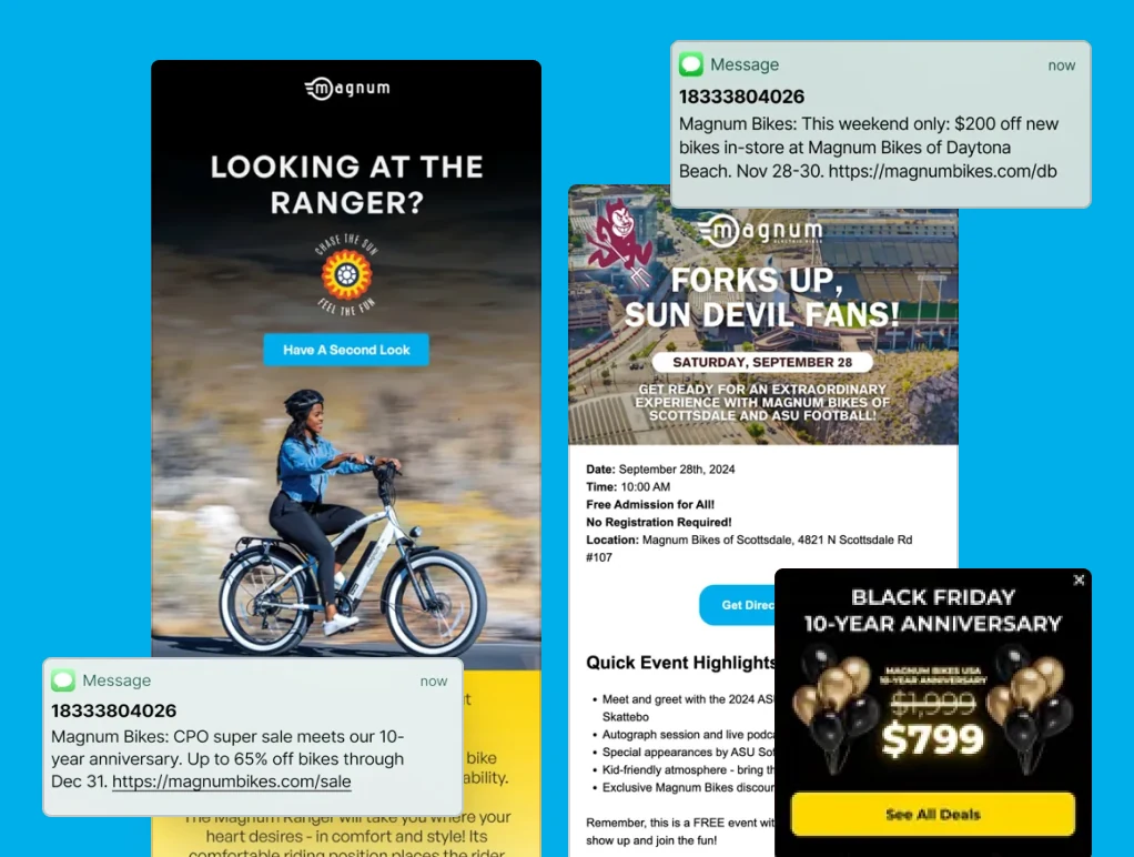 Magnum Bikes emails, SMS and popup
