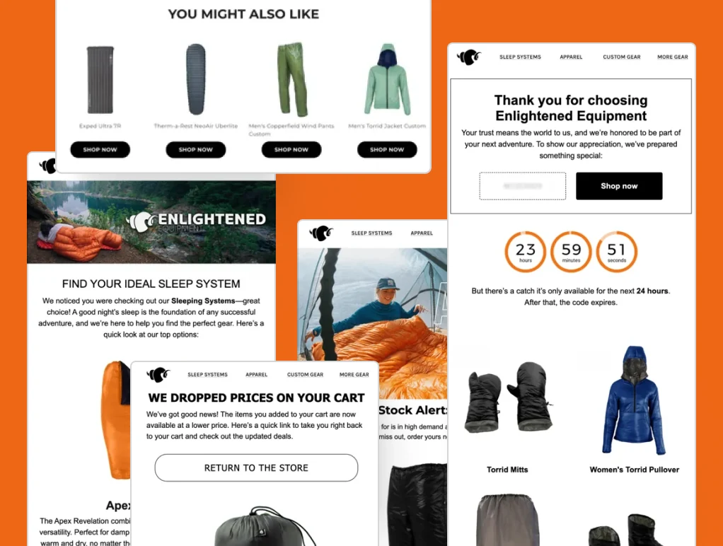 Enlightened Equipment emails and onsite recommendations