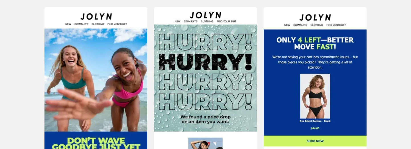 JOLYN abandonment, price drop and low stock emails