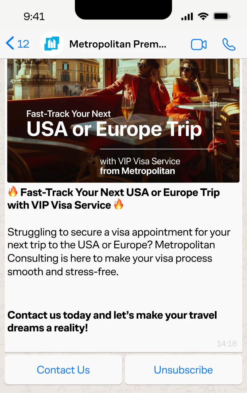 Image WhatsApp campaign about Schengen/US visas for consulting department. Send-to-lead conversion rate—1.6%, 60 leads. Segment—clients from countries that most frequently migrate to the UAE, who are likely prospects for visa services