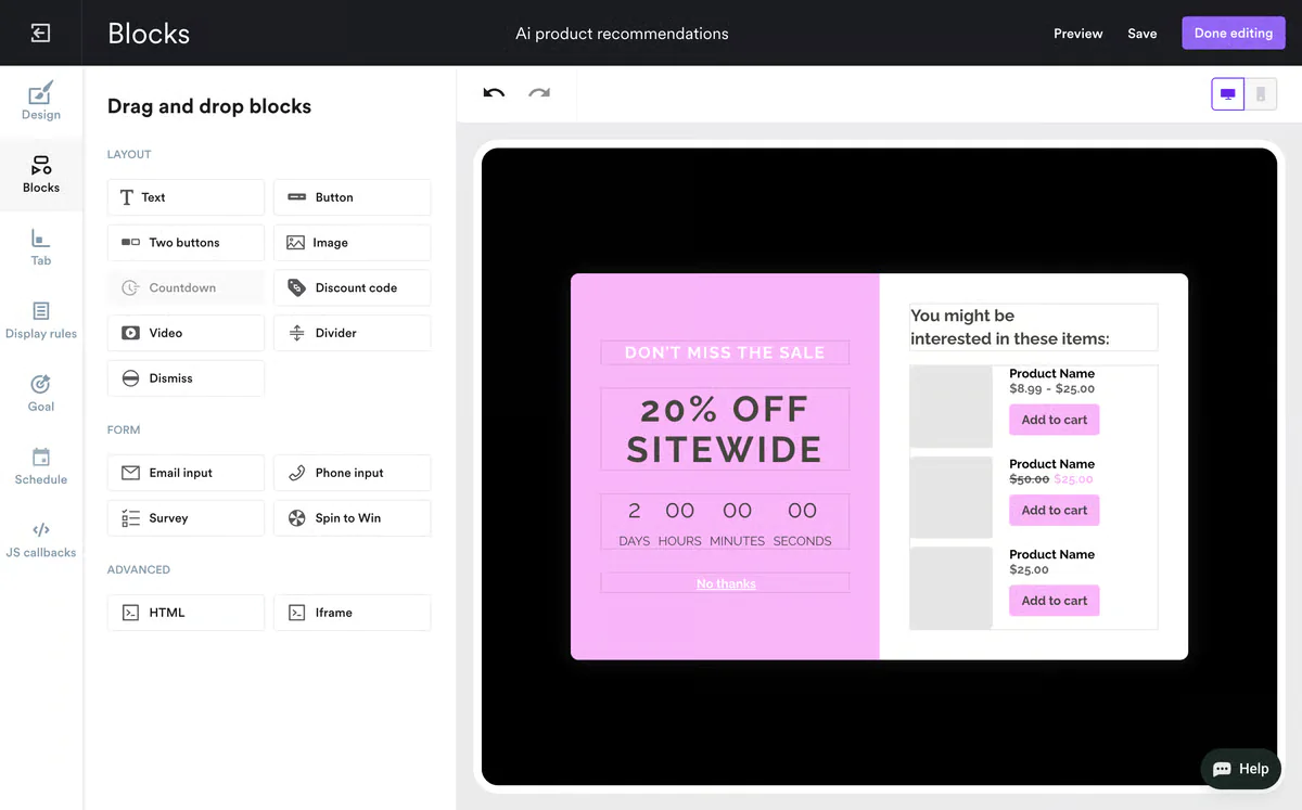 Wisepops popup builder with an AI product recommendations campaign