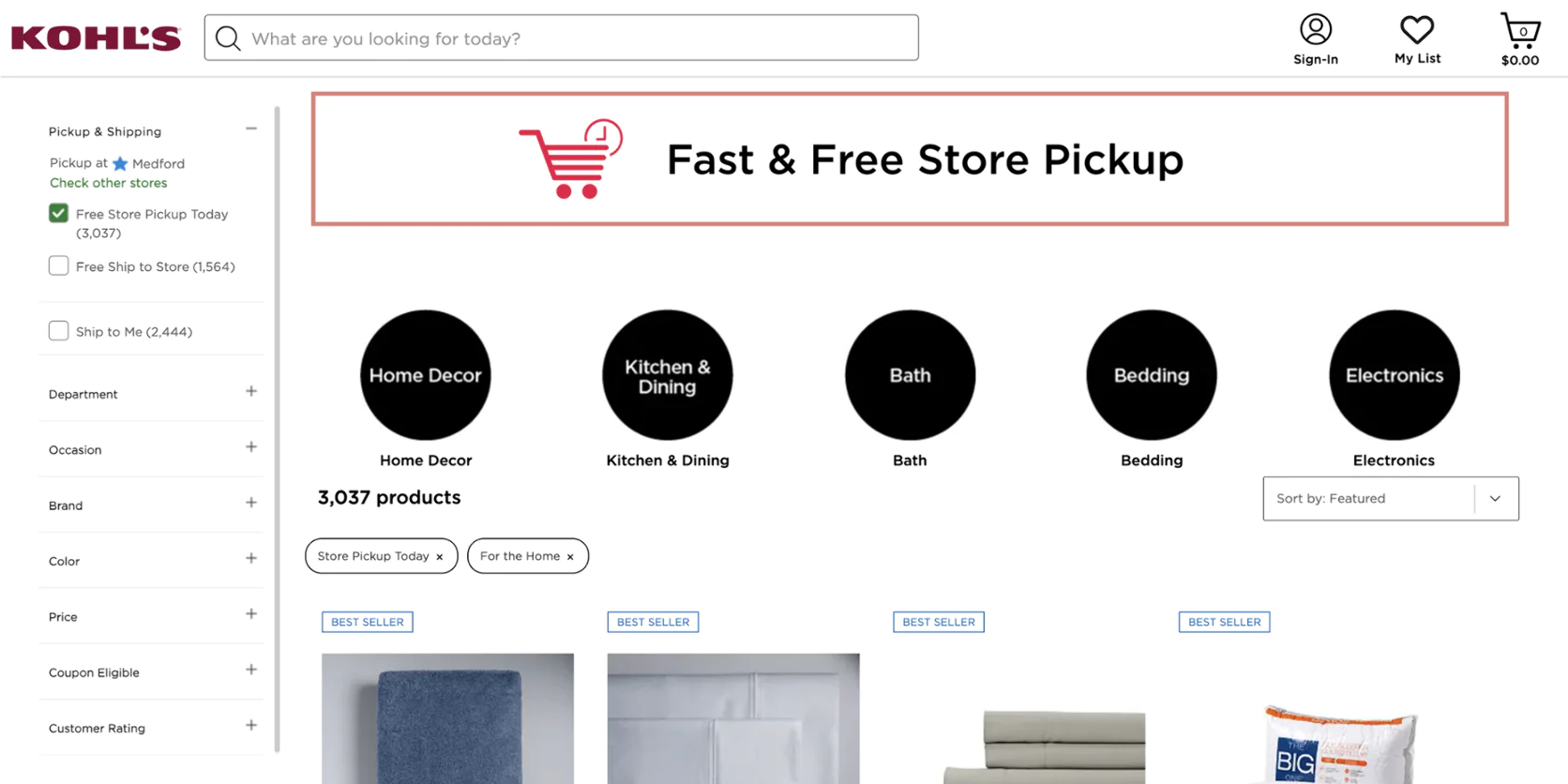Kohl's makes store pickup the hero feature in their catalog, ensuring steady showroom visits