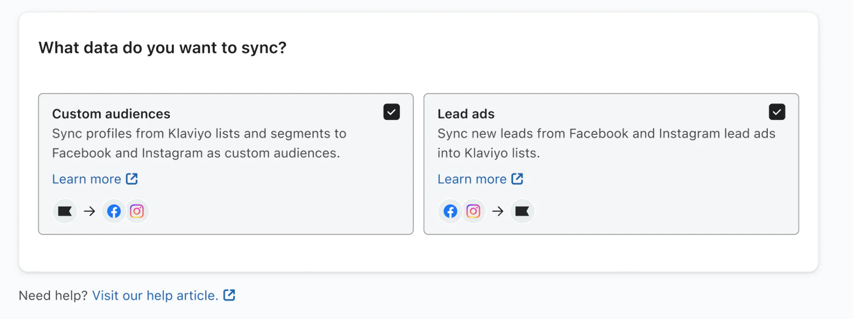 Data syncing settings in Klaviyo