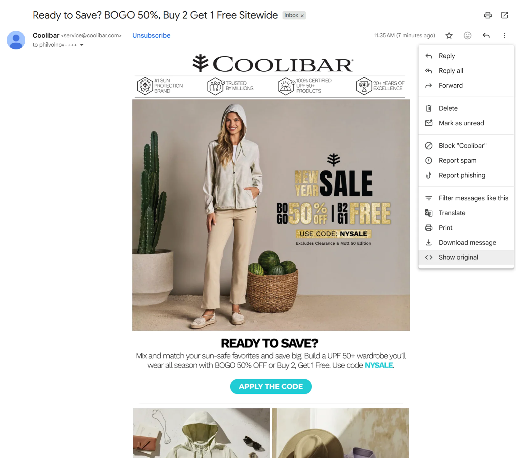 Let’s check an email from our client Coolibar, an apparel brand