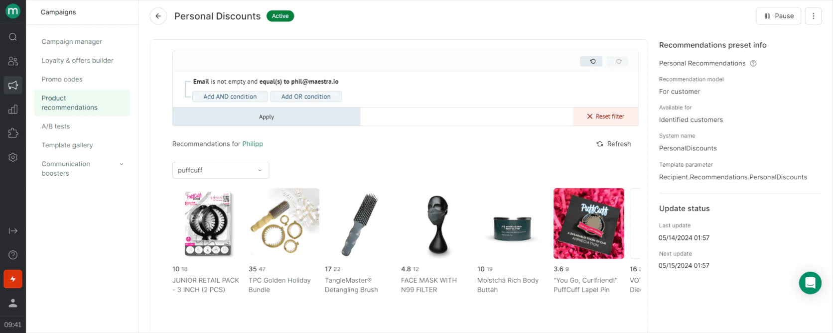 Image Personal product recommendations in Maestra