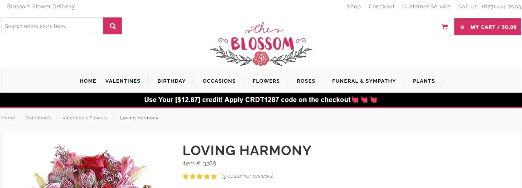 Blossom Flower’s website displays a sticky bar with the promo code sent via email