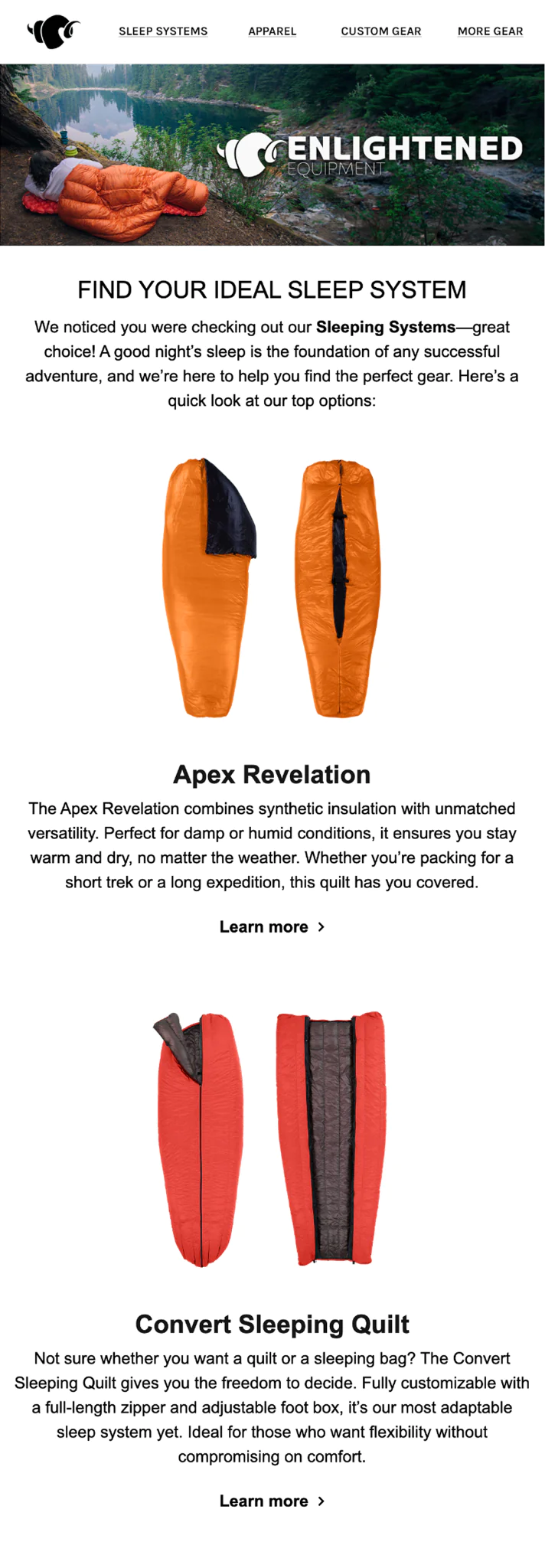 Abandoned collection email for sleep system shoppers…