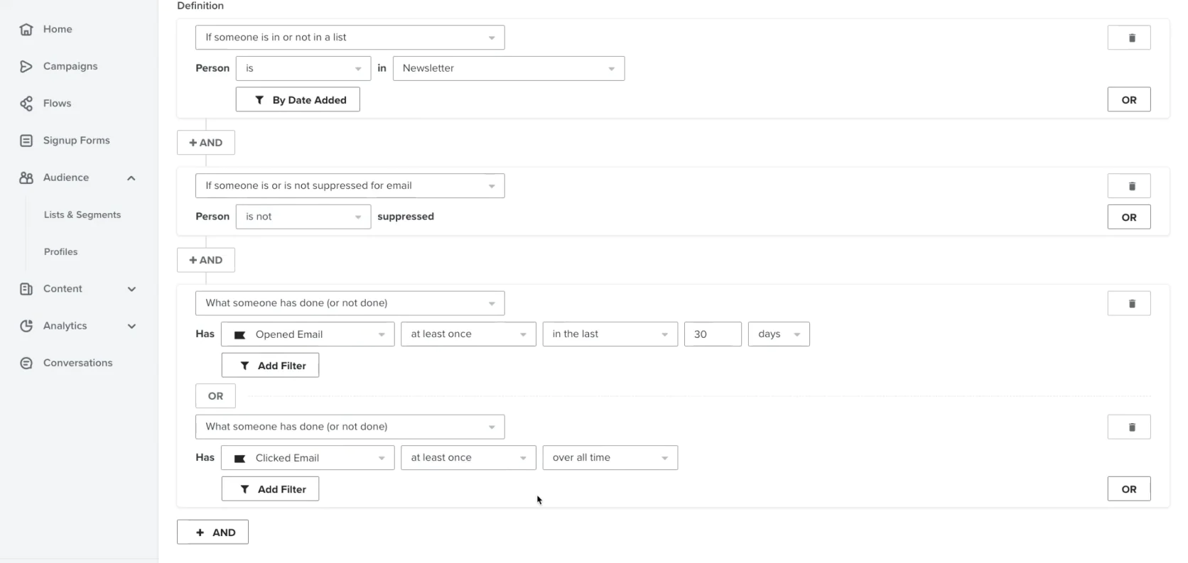 Klaviyo’s segment builder