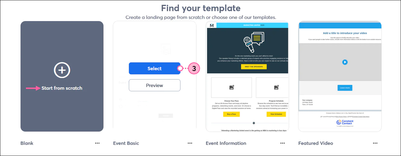Landing page templates in Constant Contact
