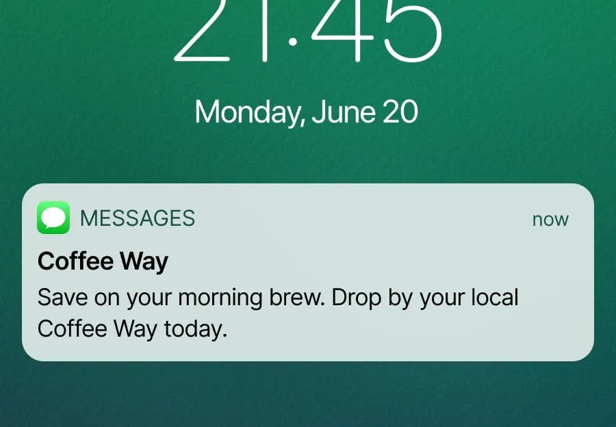 ❌ This SMS campaign contains a vague offer — customers are not informed how much they can save and will have to visit the coffee shop to find out