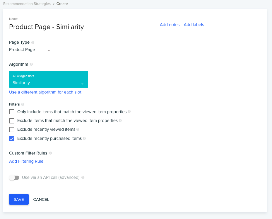 Dynamic Yield's recommendation presets