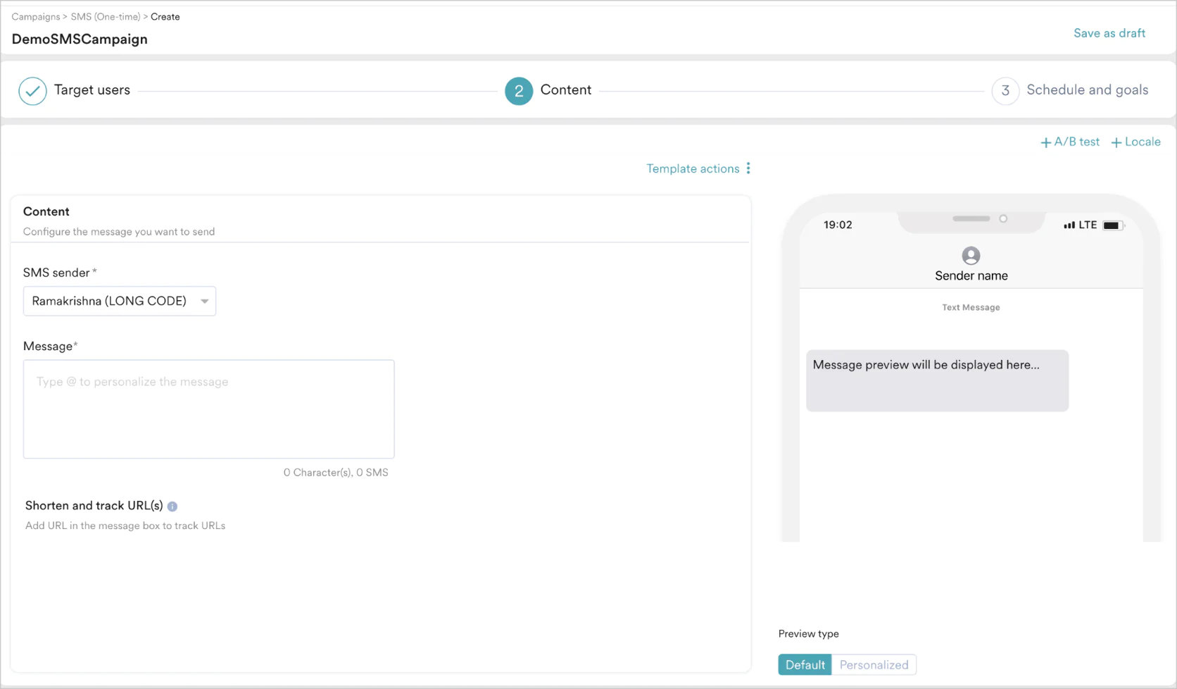 SMS campaign creation in MoEngage