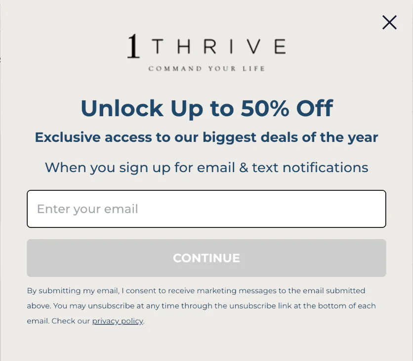 New popup highlighting exclusive deals and savings up to 50% off