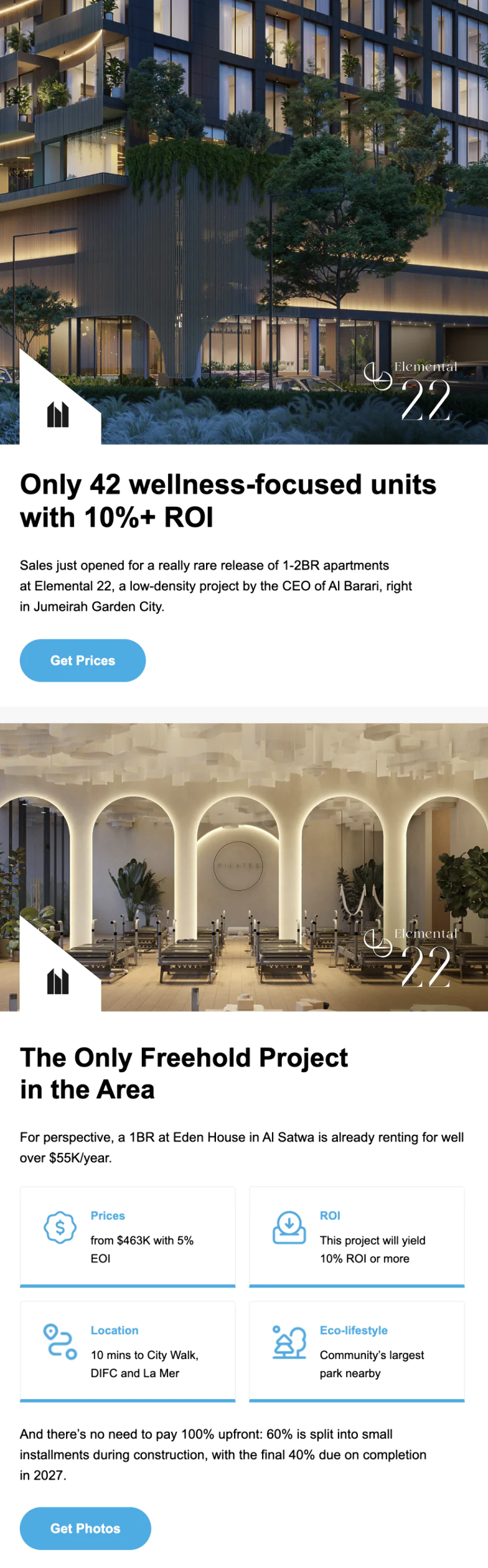 Image Email about apartments.Send-to-lead conversion rate—1%, 204 leads. Segment—clients who actively opened our emails over three months and were more ready to purchase than others