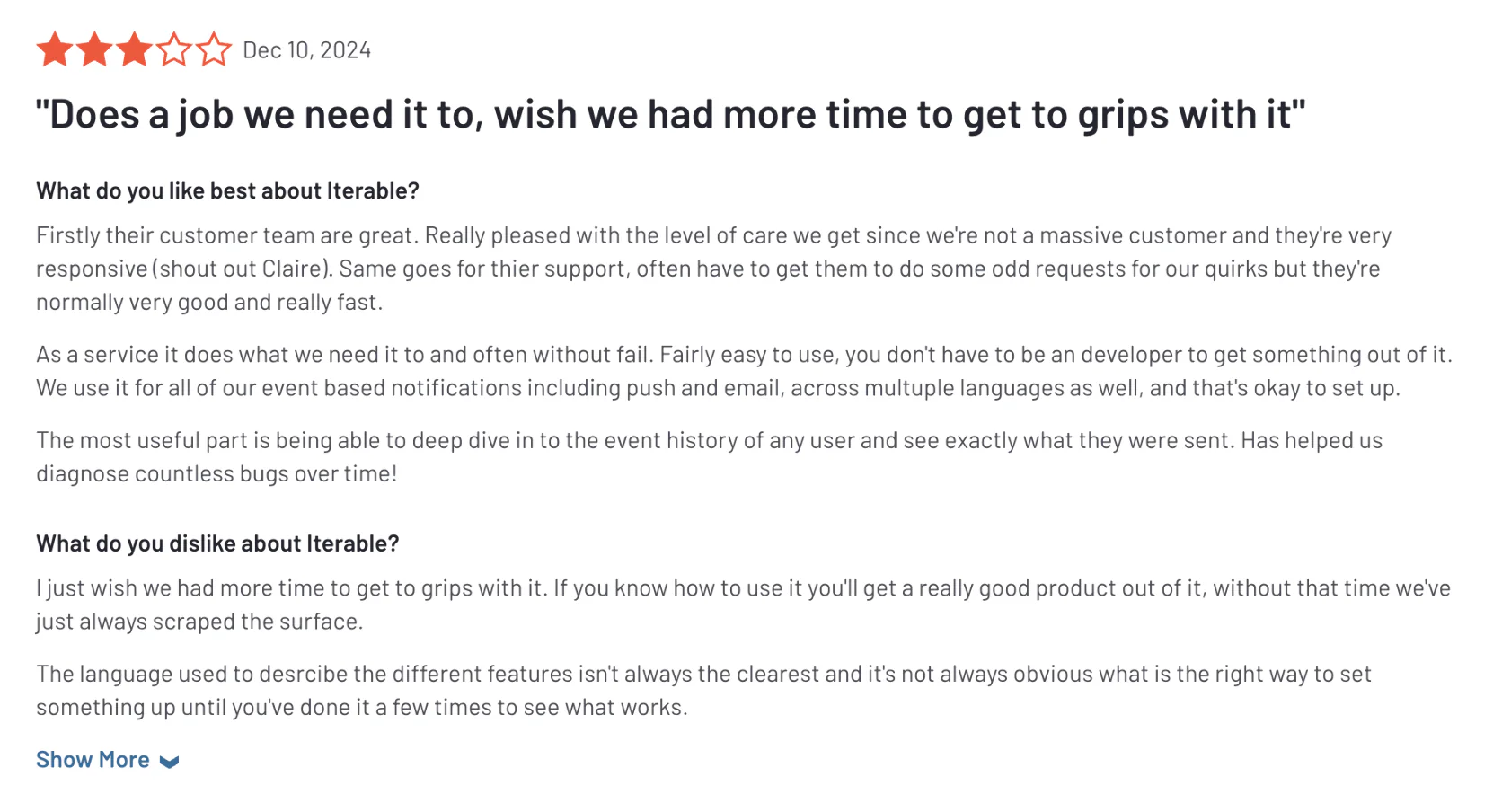 Client’s feedback on Iterable's customer support