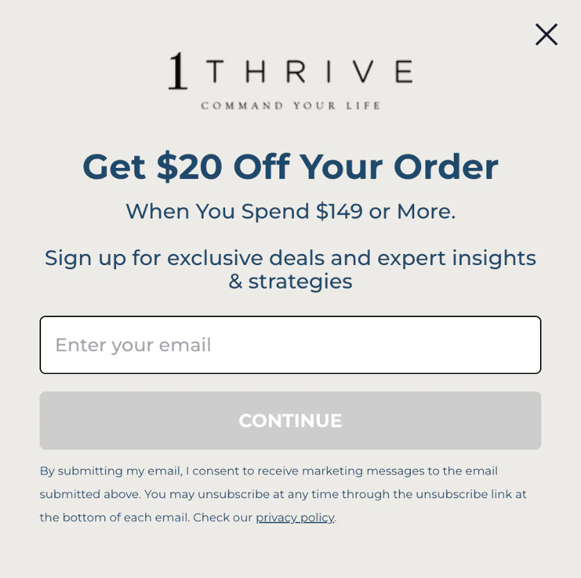 Original popup offering $20 off $149 welcome discount