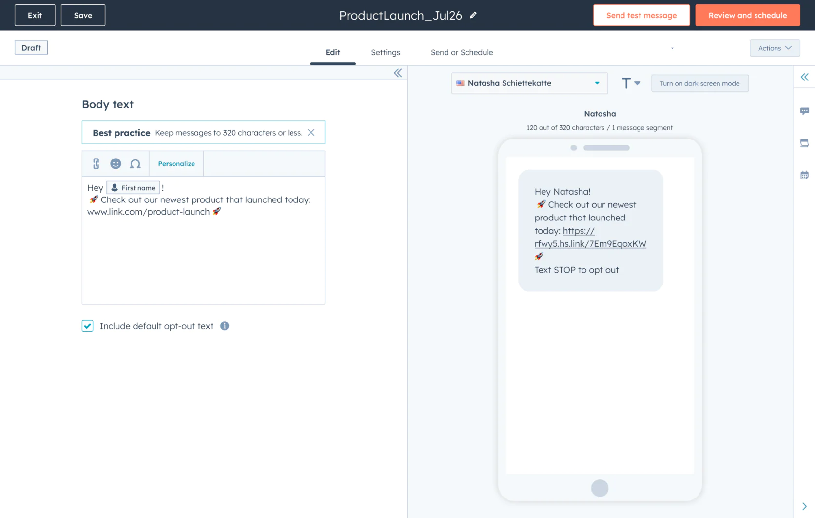 Image Creating a message in HubSpot