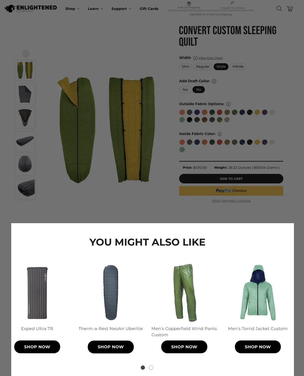 Image AI-powered product recommendations on Enlightened Equipment's website