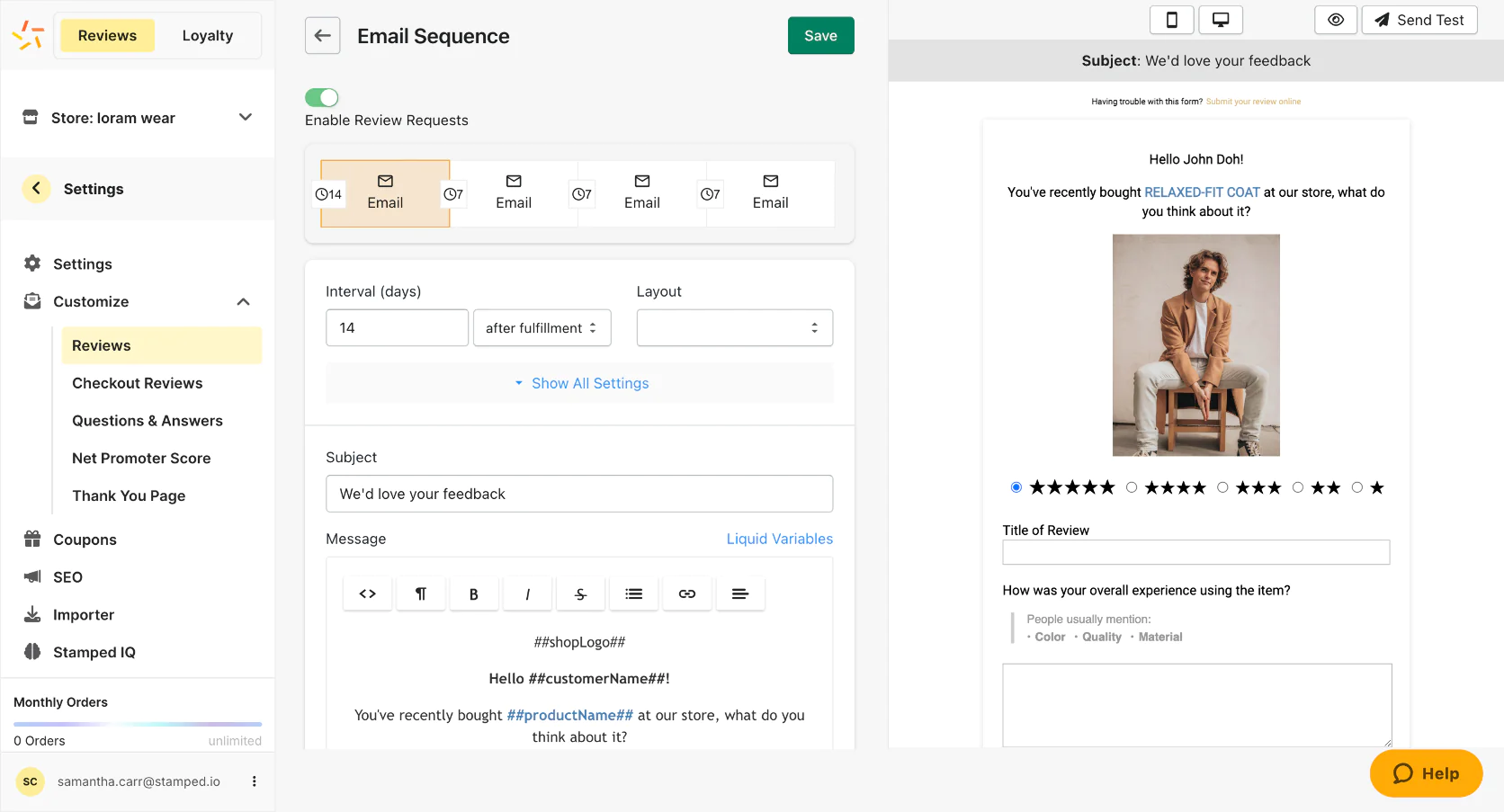 Stamped.io allows to send review request email