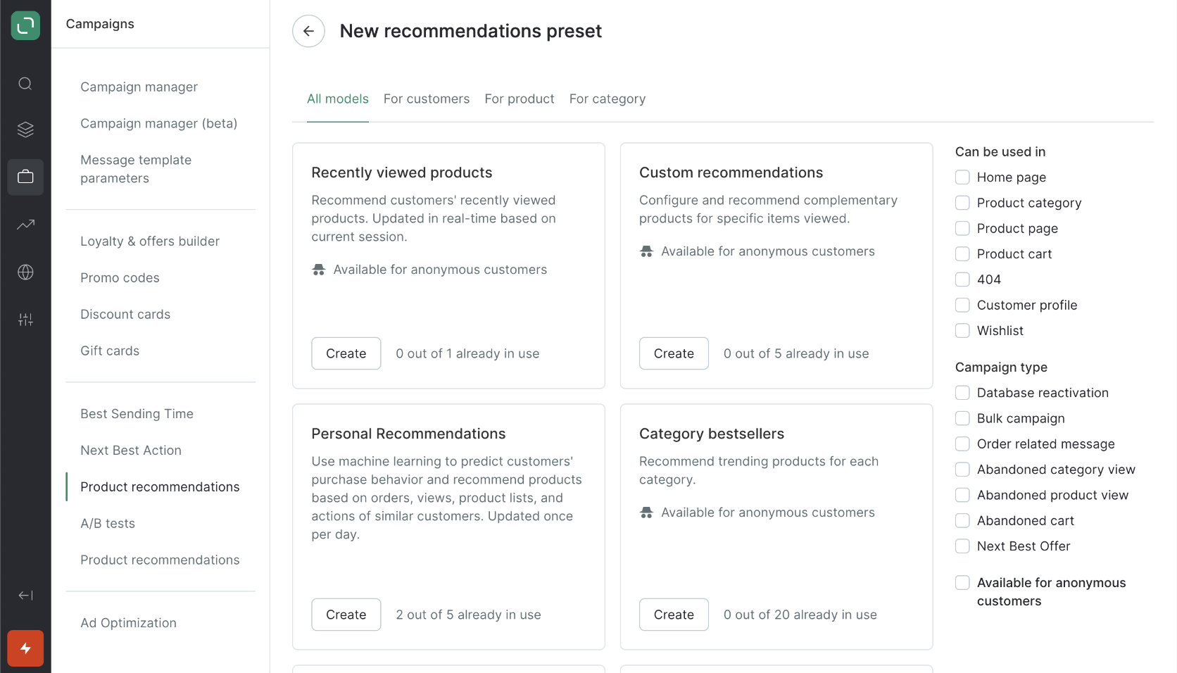 Maestra’s product recommendation presets