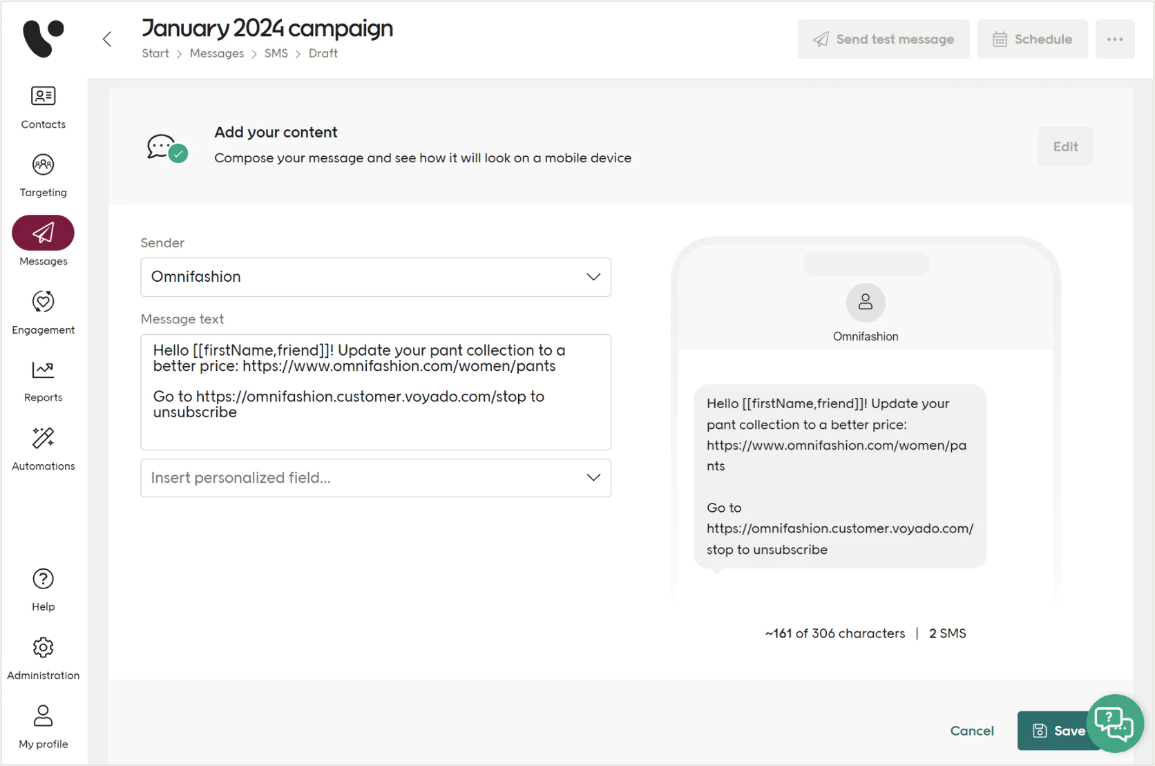 SMS campaign creation in Voyado