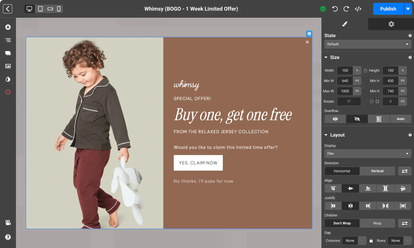 Justuno’s popup editor