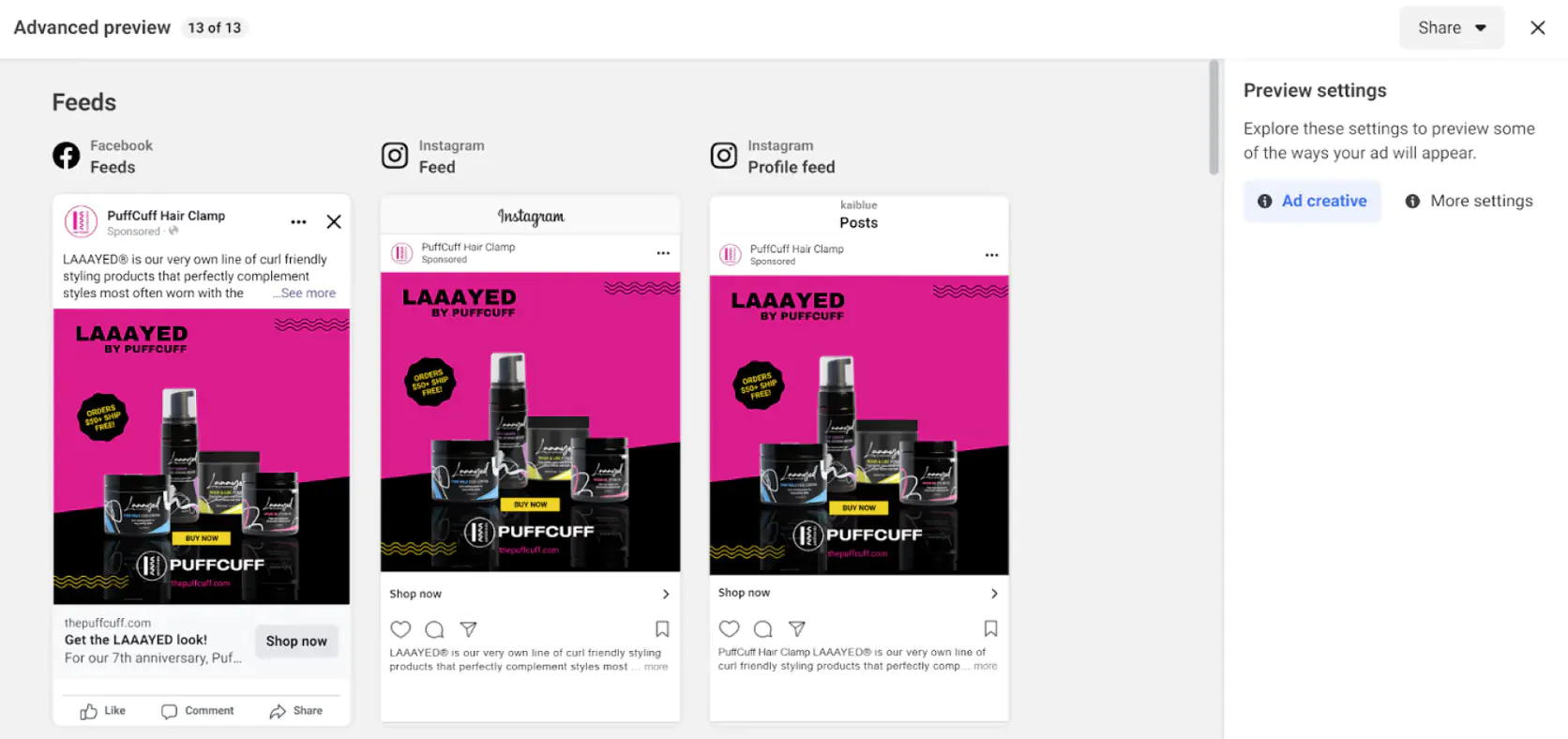 Example of ads for a LaL audience based on those who purchased certain products