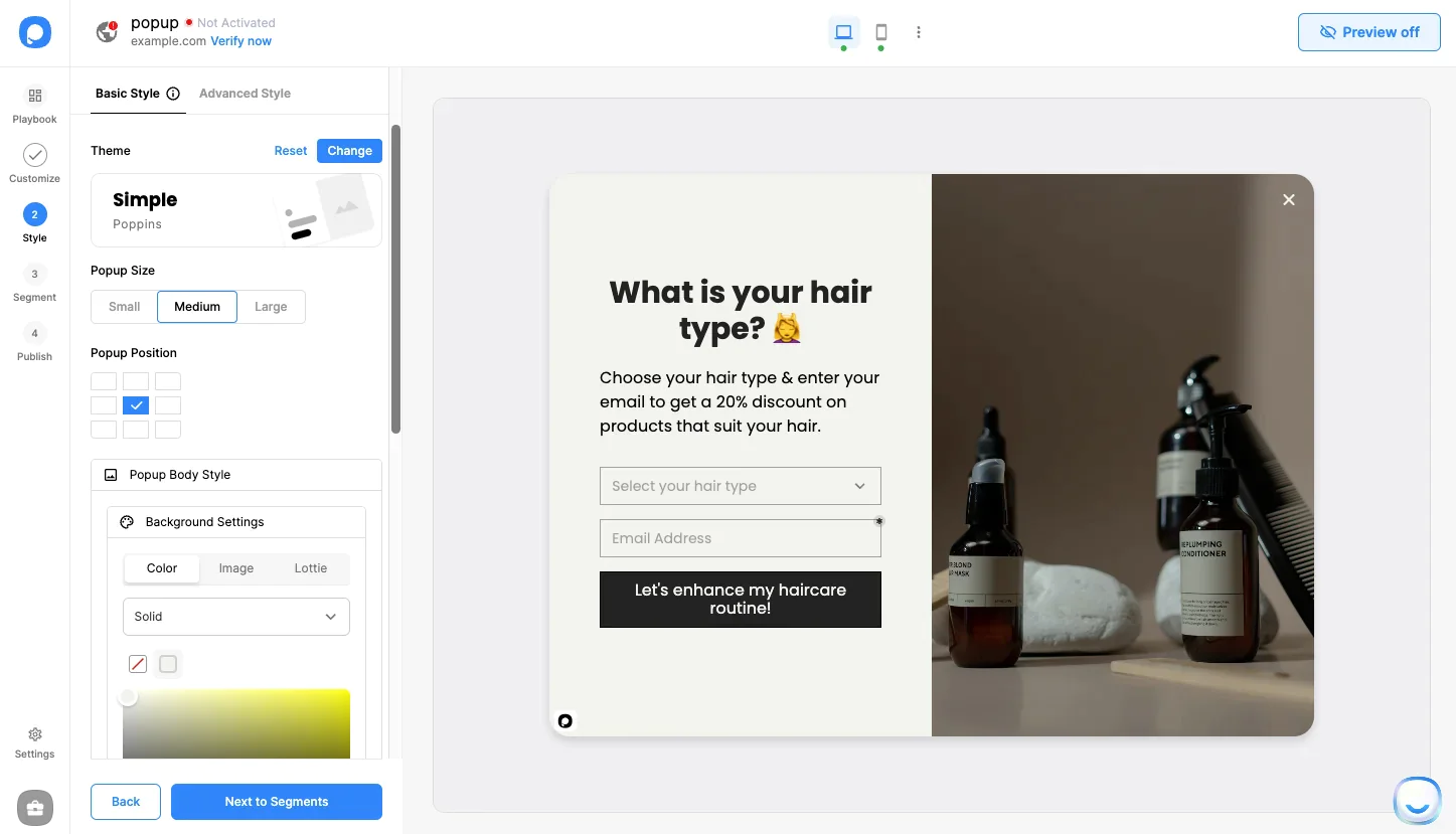 Pop-up editing in Popupsmart
