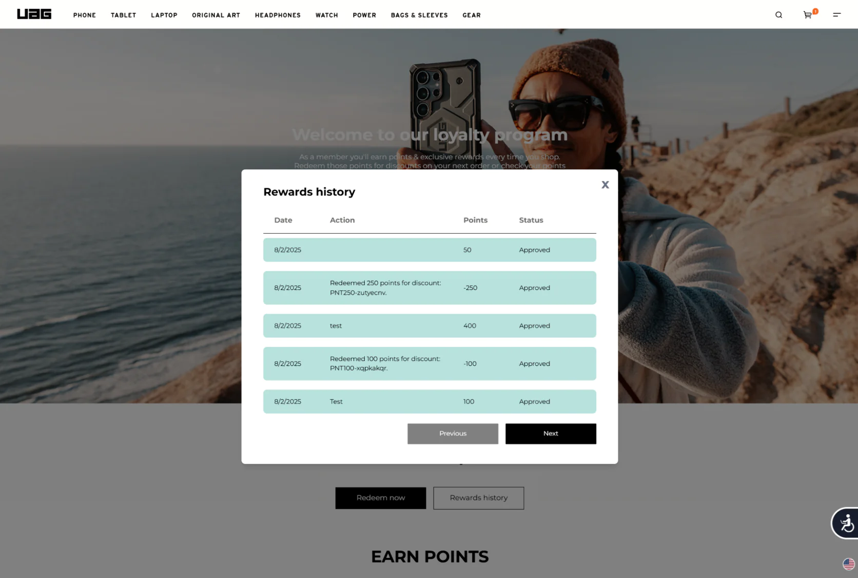 Rewards history shown on Urban Armor Gear’s website, powered by Maestra