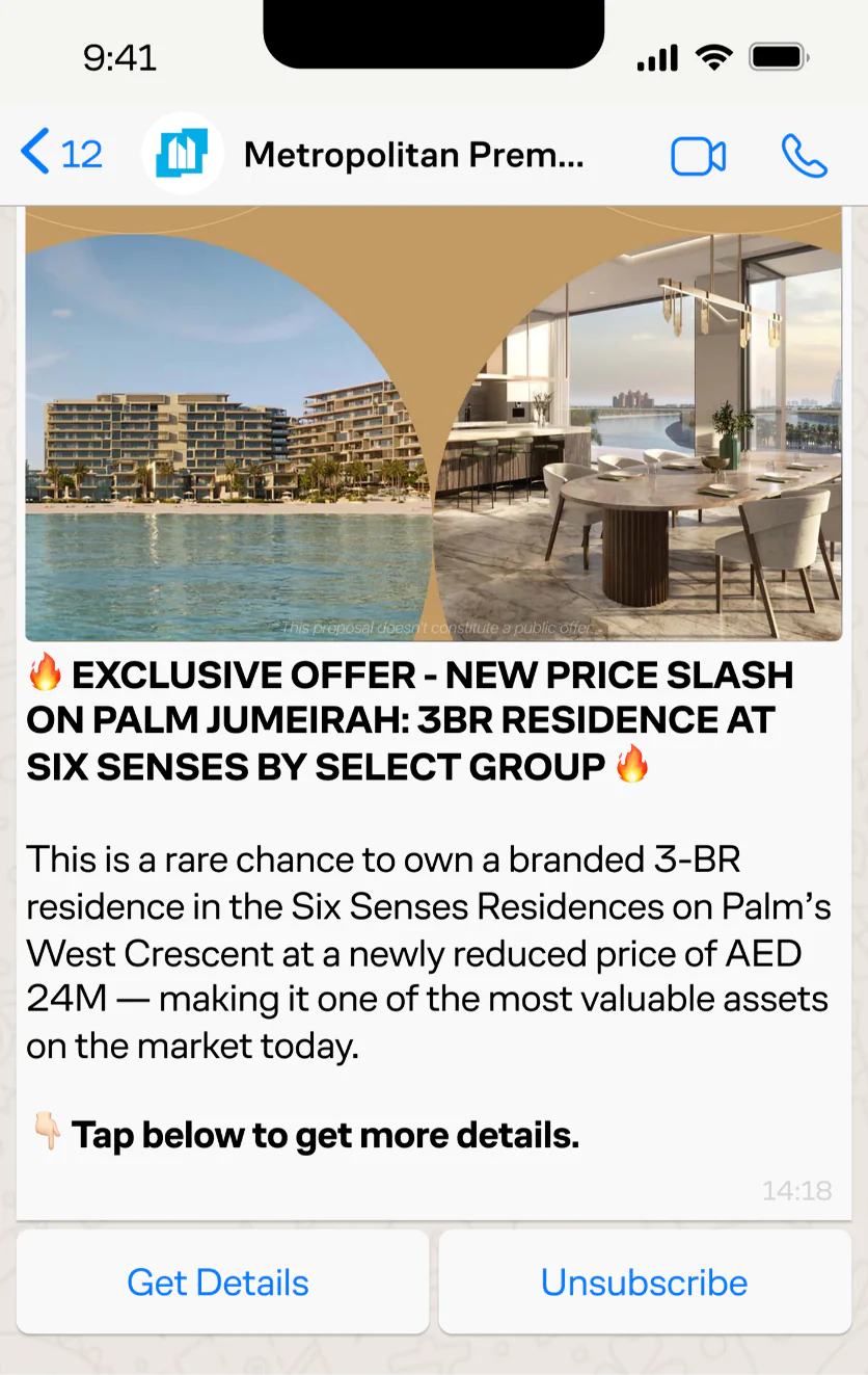 Image WhatsApp campaign aboutThree-Bedroom Residence from Six Senses. Send-to-lead conversion rate—1%, 48 leads. Segment—clients with budgets of $20 million or more and clients who previously applied for well-known brands’ projects