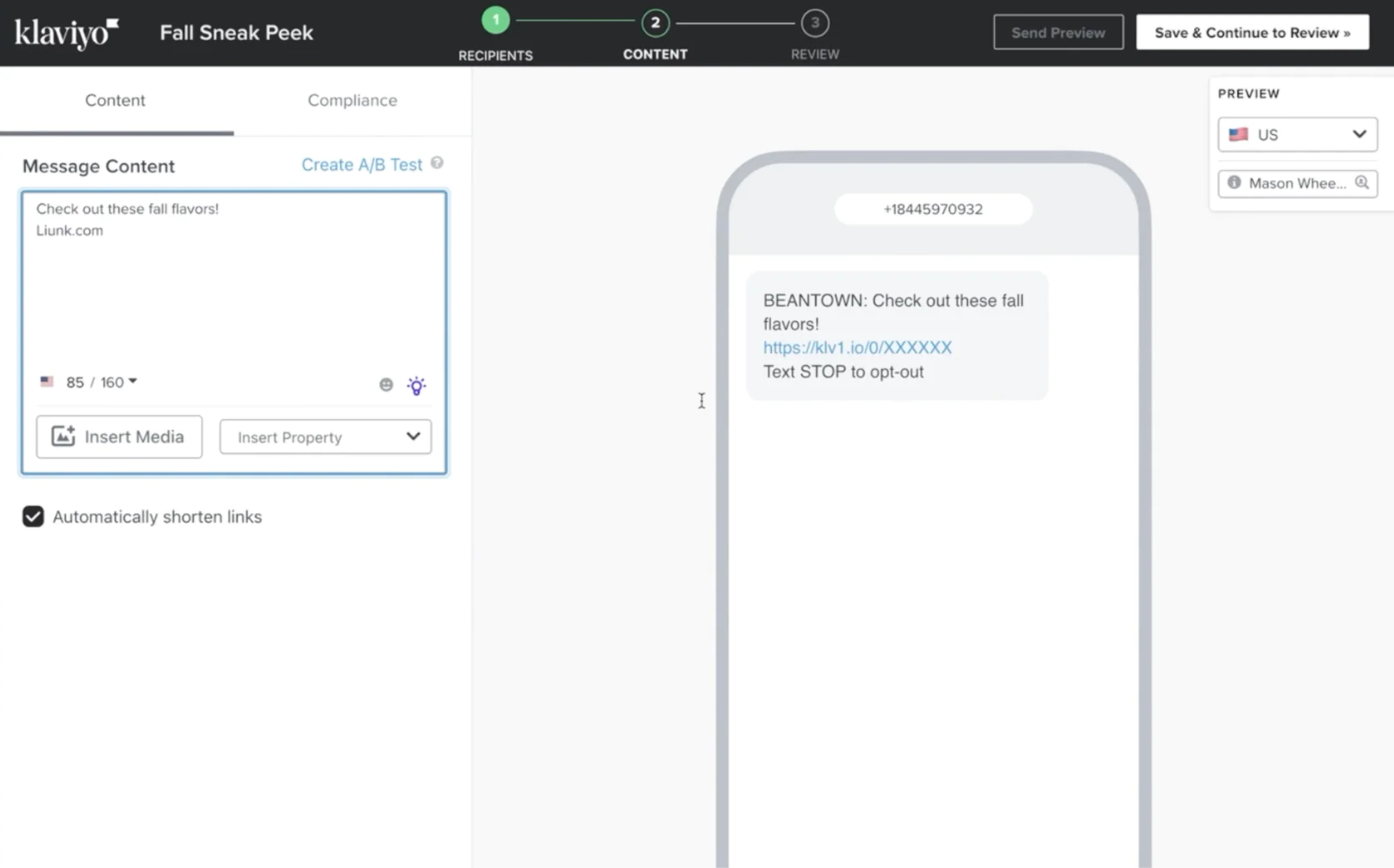 Klaviyo’s SMS editor