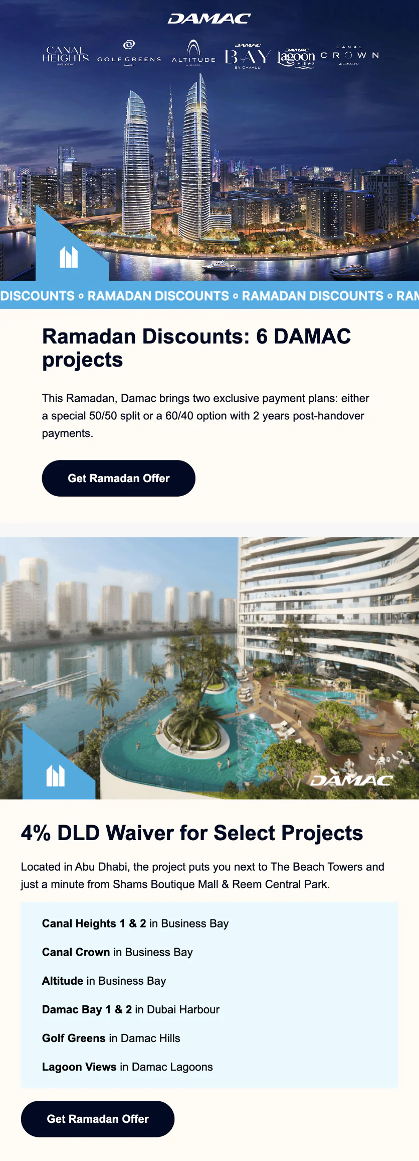 Image Email with a special offer from UAE developers for Ramadan.Send-to-lead conversion rate—1.7%, 71 leads.Segment—Arabic-speaking clients. For comparison, a similar email to an English-speaking audience showed half the conversion rate