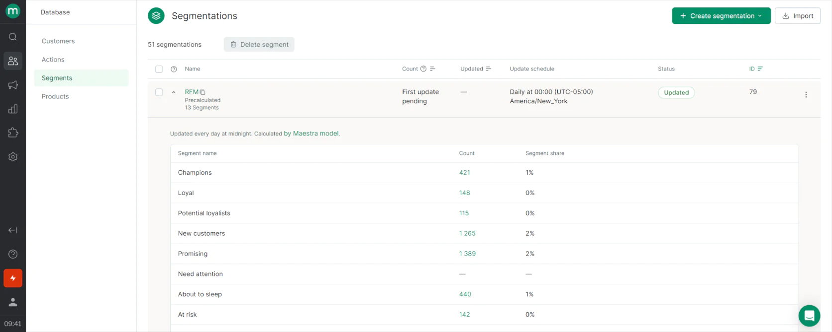 RFM segmentation in Maestra