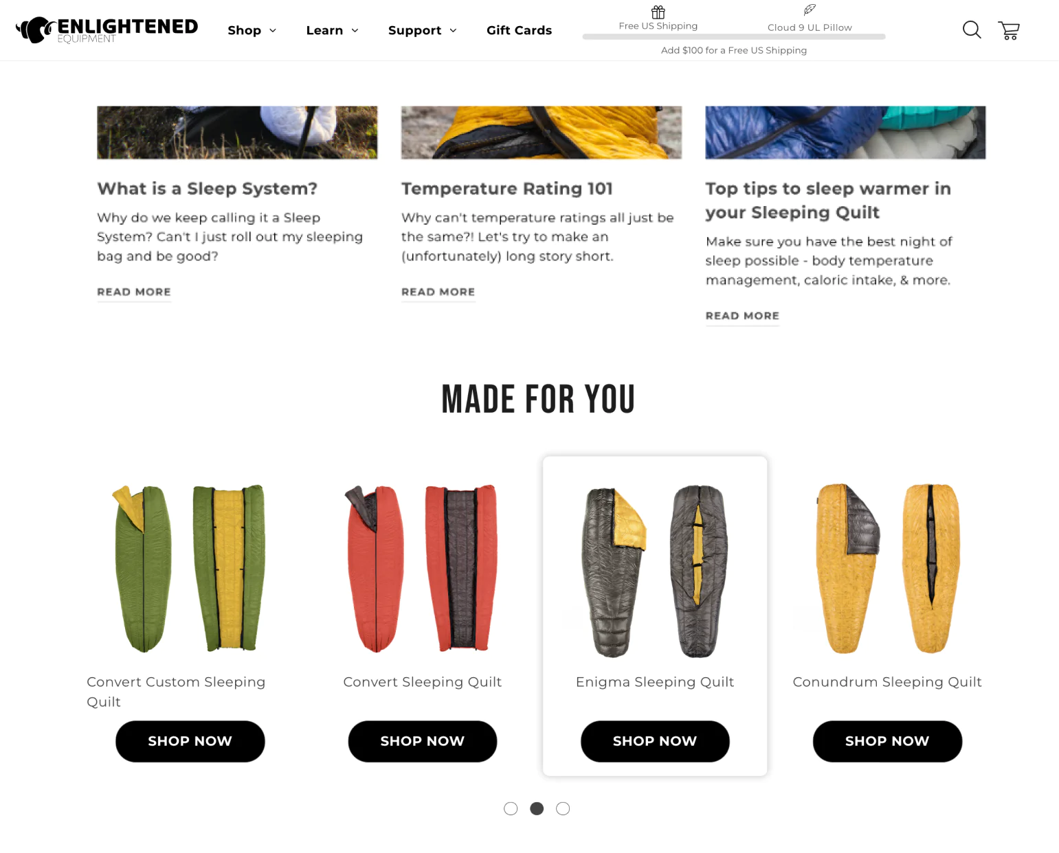 Enlightened Equipment's homepage: new customers see bestsellers, while returning visitors are offered the products they're most likely to like according to their previous behavior