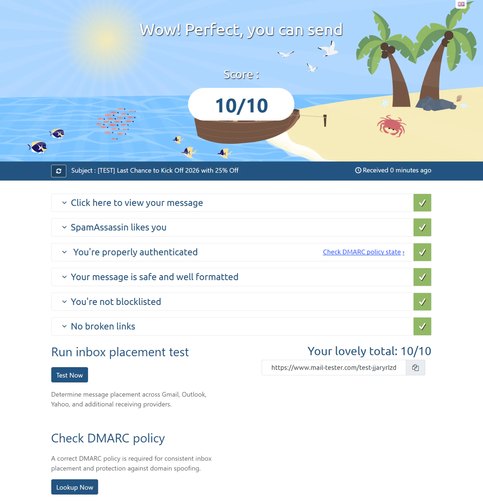 Deako, a lighting system brand and our client, gets 10/10 on Mail-Tester