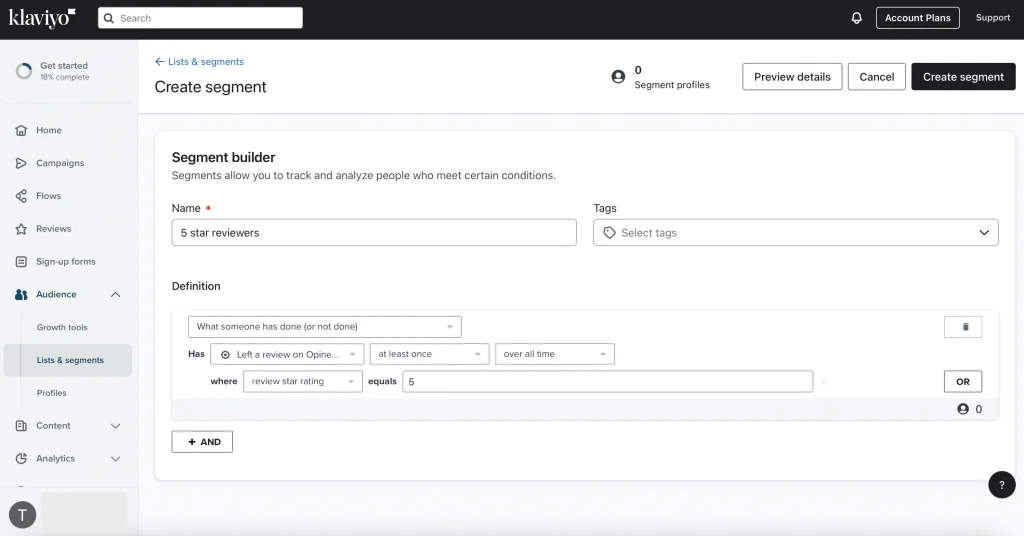Creating a segment in Klaviyo